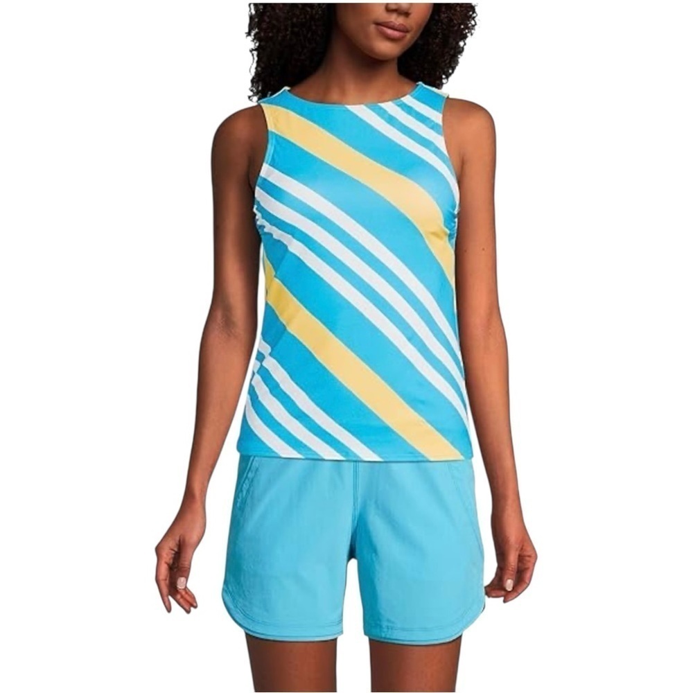LANDS' END Blue and Yellow Size 10 Chlorine Resistant High Neck Tankini Swim Top